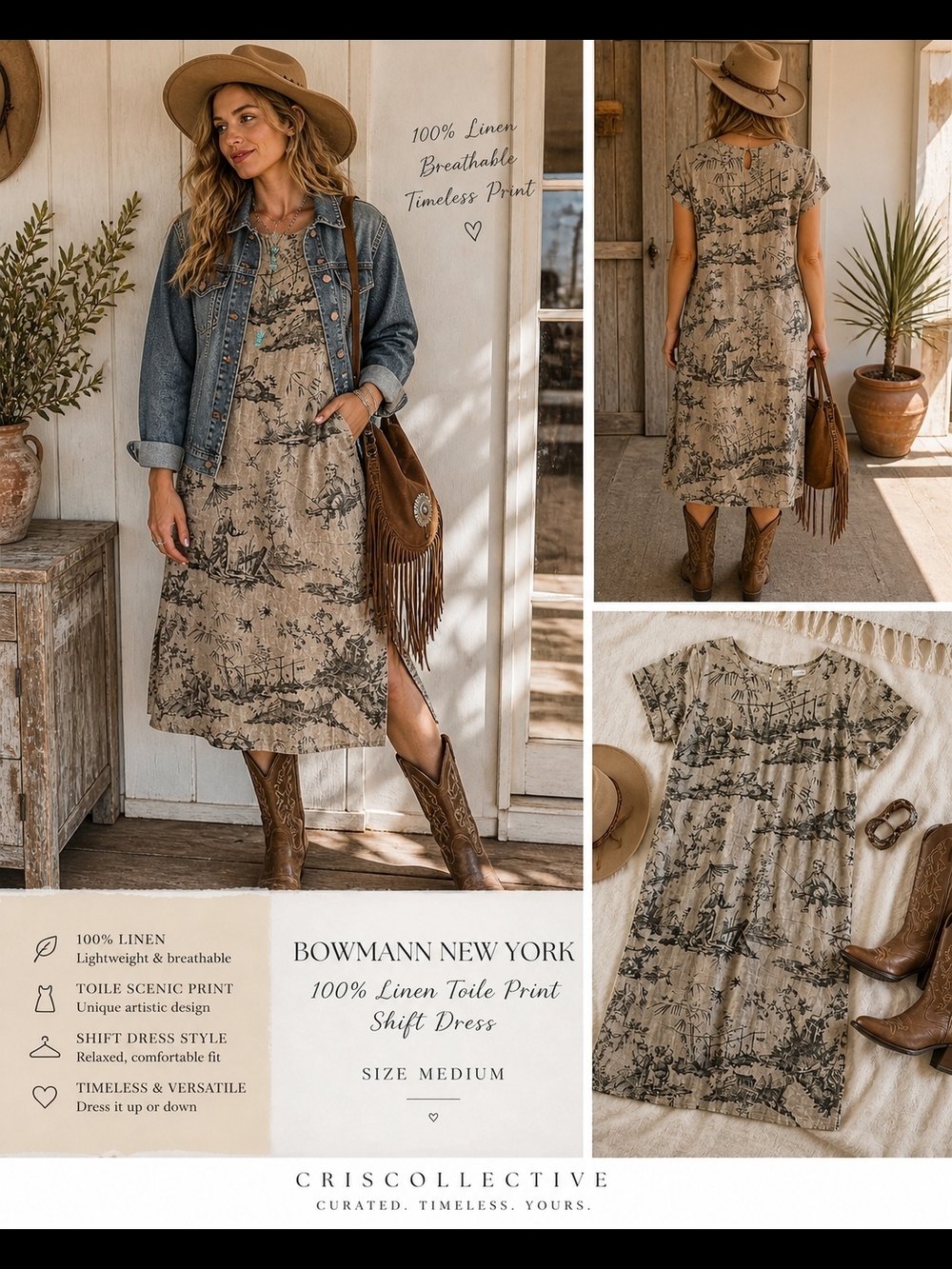 Bowman New York Linen Toile Print Maxi Dress Cottagecore Medium